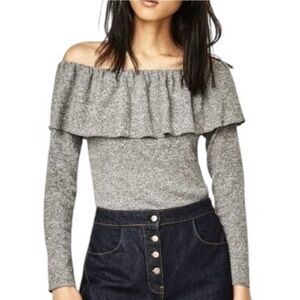 Zara Knit Off The Shoulder Frill Long Sleeve Bodysuit Heather Grey Size Medium
